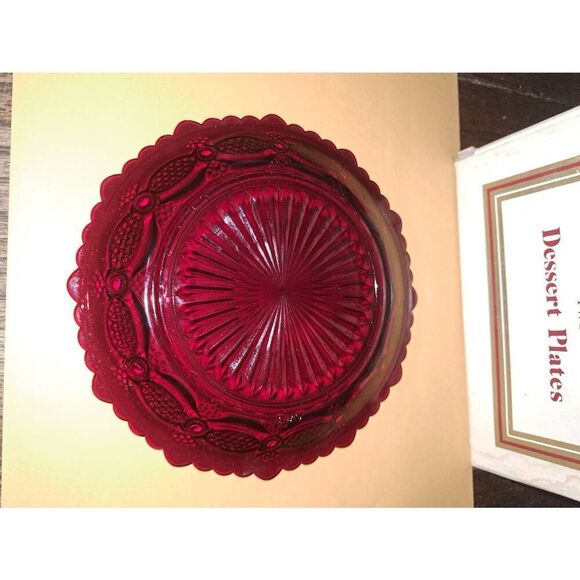 Vintage Avon 1876 Cape Cod Ruby Red Cranberry Pressed Glass Dessert Plates Set - Picture 3 of 5